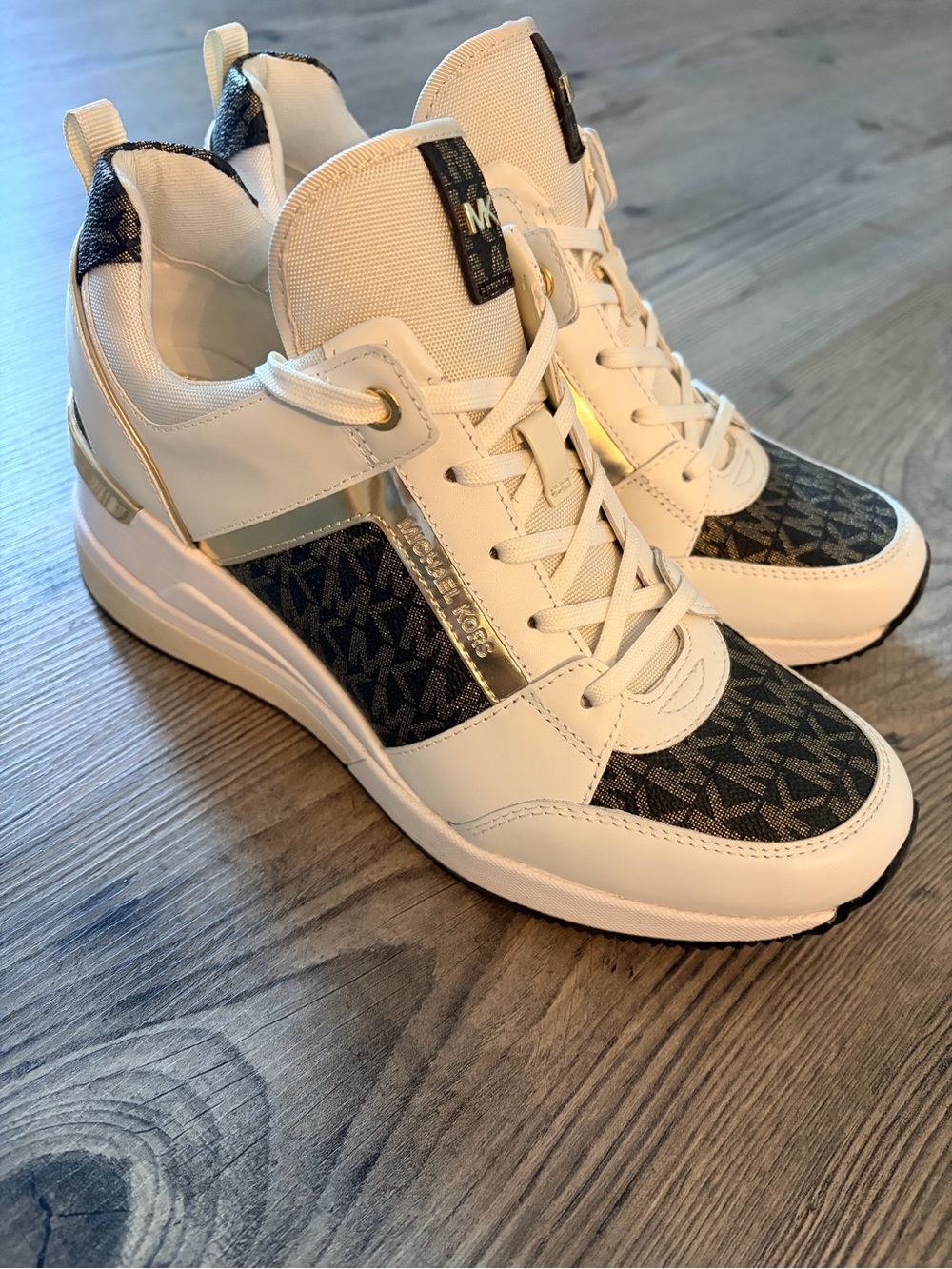 Michael Kors White, Brown & Gold MK Logo High-Top Sneakers